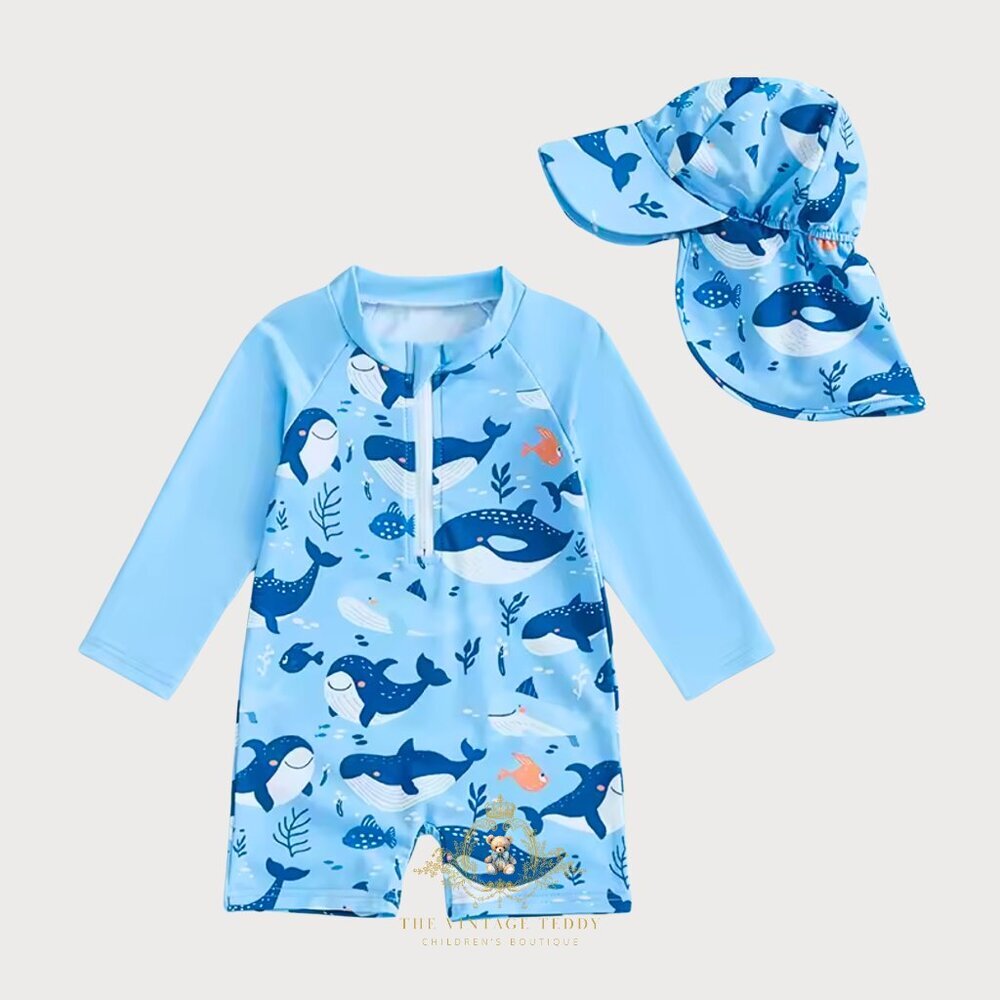 NWT Cute Boys One-Piece Swimsuit & Hat Kids Swimwear Boys Beachwear Whale 6-12M